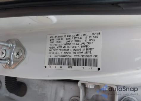 2009 Honda Accord 2.4 Lx из США, поврежденный, VIN 1HGCP26399A151384